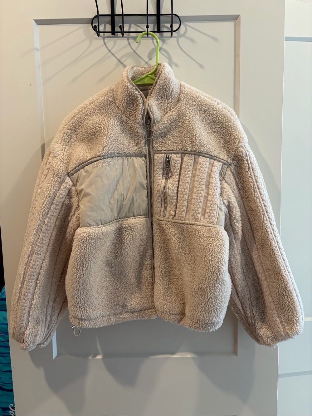 Guess Cream Sherpa Puffer Jacket with Quilted Chest